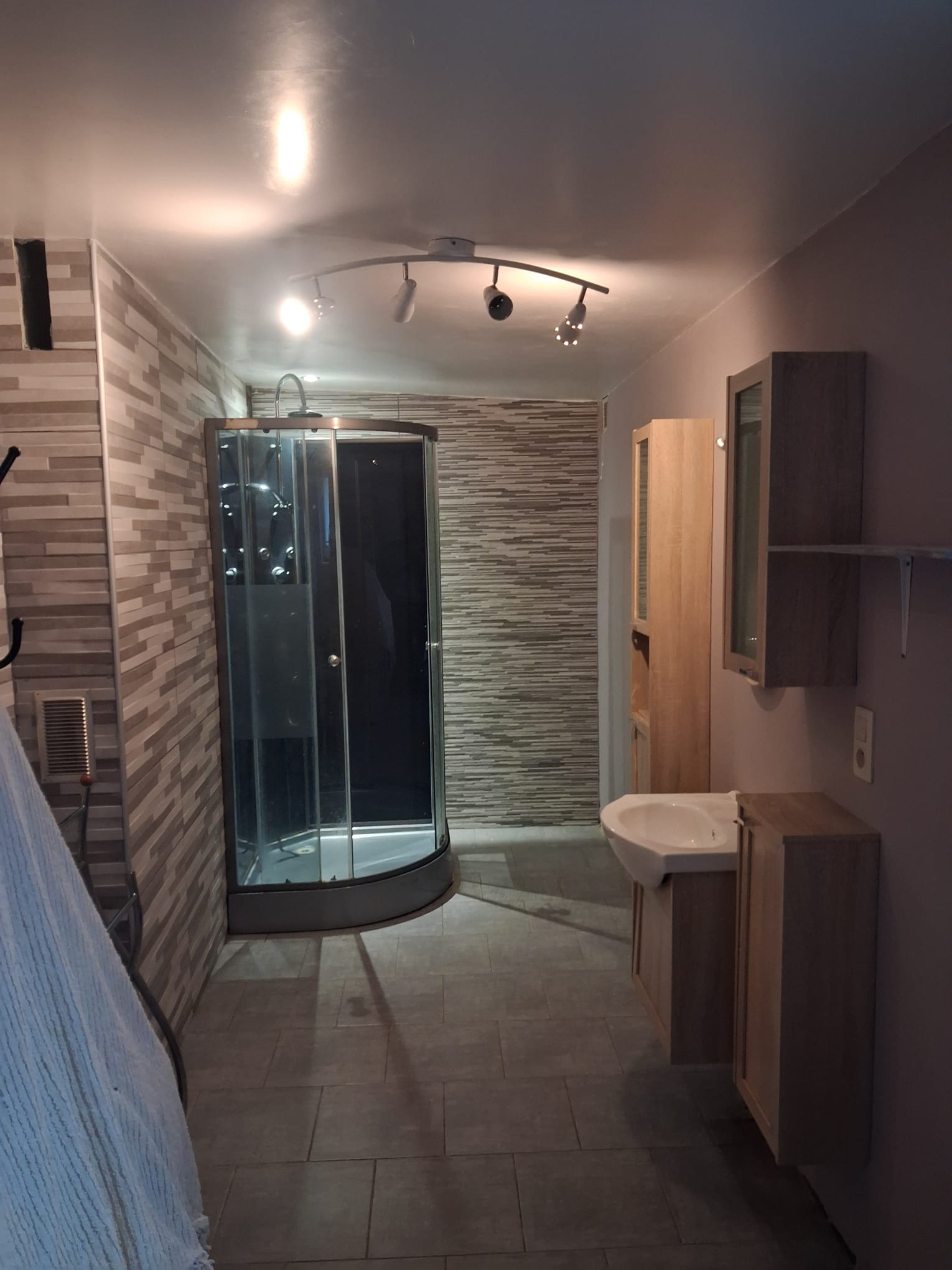 Salle de bain — cabine de douche et vasque